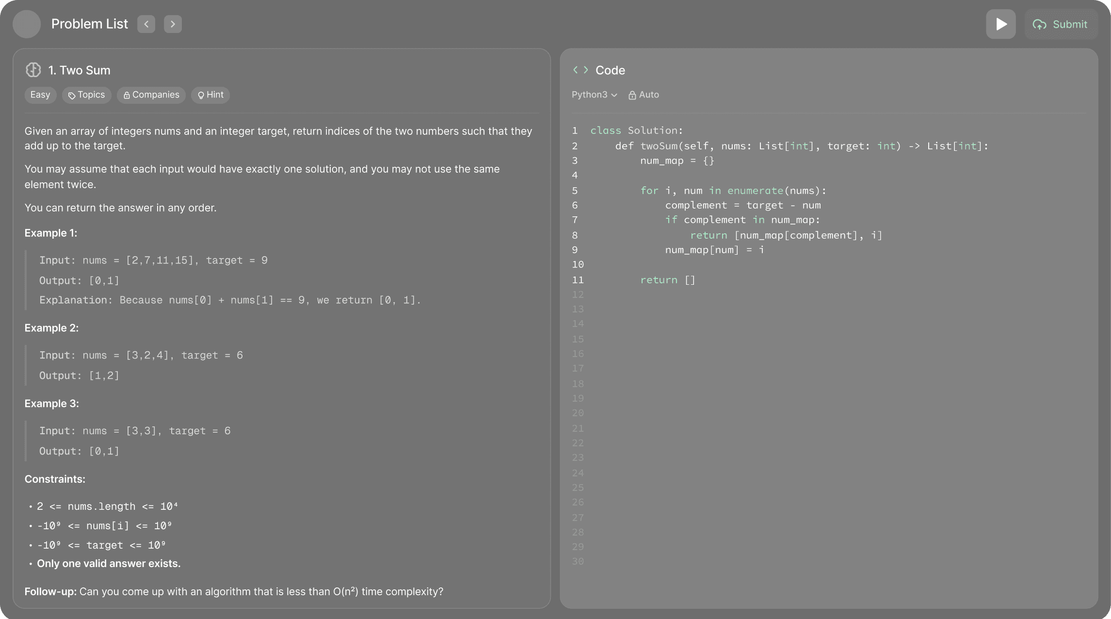 Code panel interface showing Two Sum problem