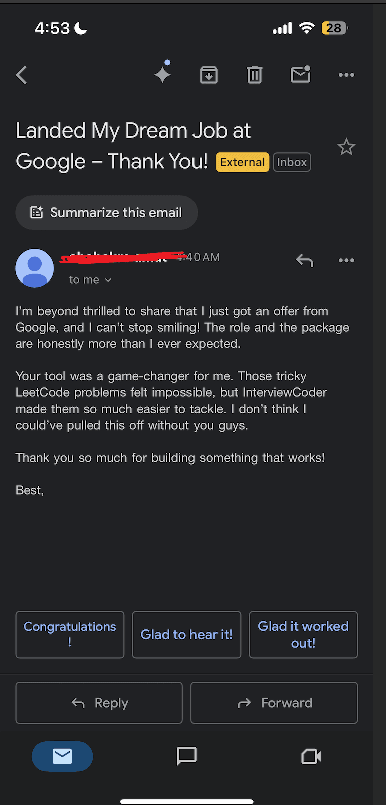 Anonymous User testimonial screenshot